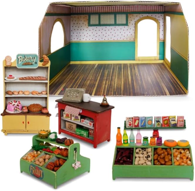 Shop Dollhouse Craft Kit – Easy to Build & Paint Miniature Store | Cardboard Room + 4 Wooden Pieces + Decoration Sheets | 1:12 Scale | Sam & Julia's Mouse Mansion