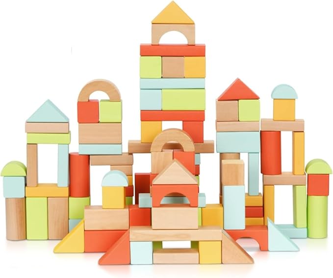 Pidoko Kids 100pcs Building Blocks for Toddlers 1-3, Wooden Blocks for Kids with Storage Bucket and Shape Sorter Lid Montessori Toys for 1 2 3 Year Old, Learning Toys for Preschool Girls and Boys
