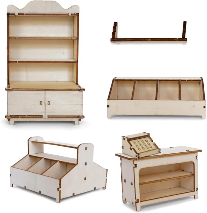 Shop Dollhouse Craft Kit – Easy to Build & Paint Miniature Store | Cardboard Room + 4 Wooden Pieces + Decoration Sheets | 1:12 Scale | Sam & Julia's Mouse Mansion