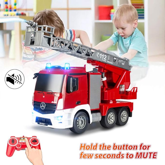 Benz Licensed Remote Control Fire Truck, RC Fire Truck Toy, Rechargeable Construction Truck Toys with Alarm Lights, Hose, Working Water Pump and Rotating Rescue Ladder Fire Truck Toys Gift for Kids