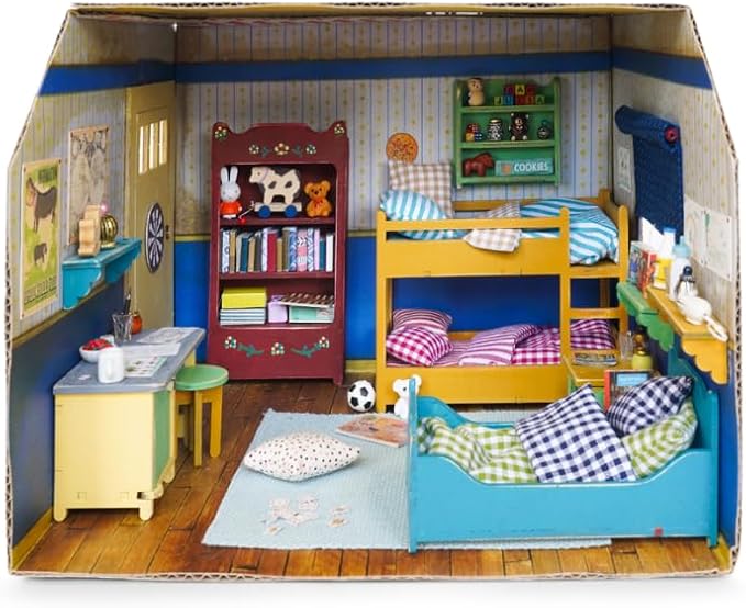 Kids' Bedroom Dollhouse Craft Kit – Easy to Build & Paint Miniature Room | Cardboard Room + 7 Wooden Pieces + Decoration Sheets | 1:12 Scale | Sam & Julia's Mouse Mansion