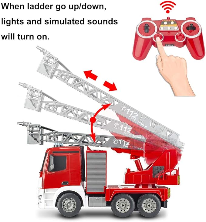 Benz Licensed Remote Control Fire Truck, RC Fire Truck Toy, Rechargeable Construction Truck Toys with Alarm Lights, Hose, Working Water Pump and Rotating Rescue Ladder Fire Truck Toys Gift for Kids