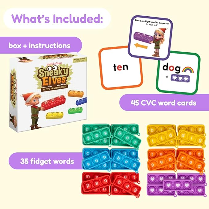 THE FIDGET GAME Sneaky Elves, CVC Sight Words Game, Pop Sensory Toy to Learn and Spell, Educational Kindergarten Classroom Activities, Multisensory Reading and Phonics Flash Cards for Kids 3+ Years