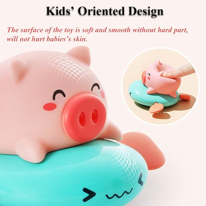 Pull String Baby Bath Toy Pull & Go Pink Piggy Cute Swimming Pig Windup Fish Water Spray Squirt Toy Clockwork Bathtub Toy for Toddlers