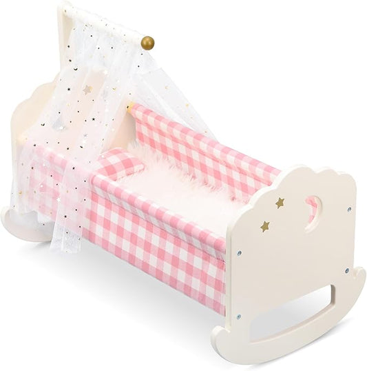Wooden Baby Doll Crib Set, Baby Doll Bed Toys for 18 Inch Dolls, with Bedding and Canopy, Baby Doll Furniture Accessories