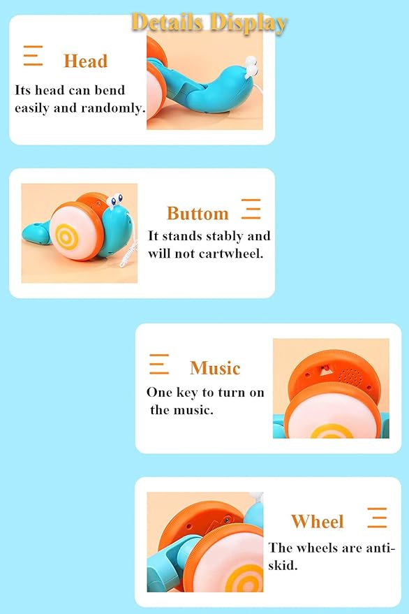 Pull String Crawling Snail, Funny Wriggly Snail Toddlers Walking-Learning Toy Pull and Push Baby Toy with Music and Lights Effect (Blue-Orange)