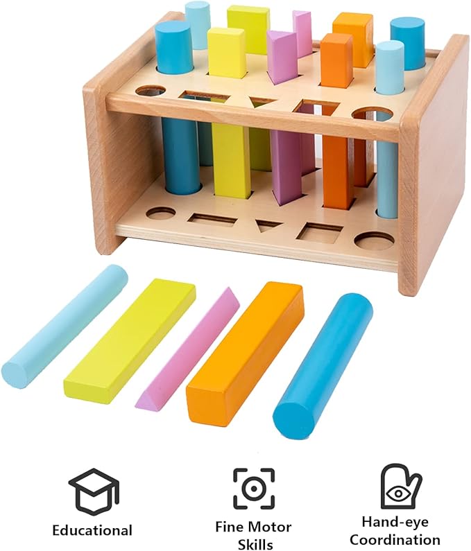 Montessori Toys for 1 2 3 Years Old Wooden 3D Shape Matching Toys,Wooden Posting Stand Montessori Color Sorting Sticks Game-Cognitive Shapes Colors,Educational Sensory Toy for Boys Girls Gift（15 Pcs）