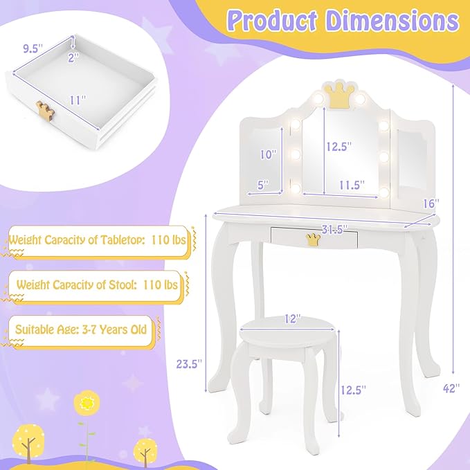 HONEY JOY Kids Vanity with Lights, Crown Girls Vanity Set with Mirror and Stool and Lights, Toddler Vanity, Wooden Makeup Table for Little Girls, Pretend Play Kids Vanity Table and Chair Set(White)