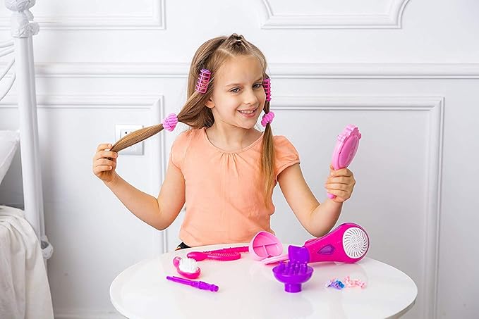 MEGAFUN Little Girls Beauty Hair Salon Toy Kit with Toy Hairdryer, Mirror & Other Accessories, Fashion Pretend Makeup Set for Kids