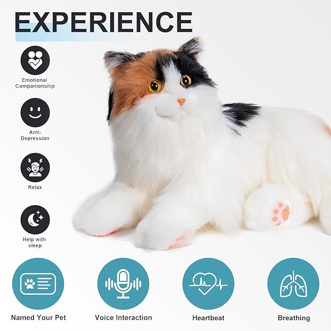 Chongker Interactive Companion Robot Cat, Weighted Breathing Stuffed Animals, Cat Plush Toy with Meow Voice, Breathing, Response, Realistic Heartbeat and Purring (Dark Calico Cat)