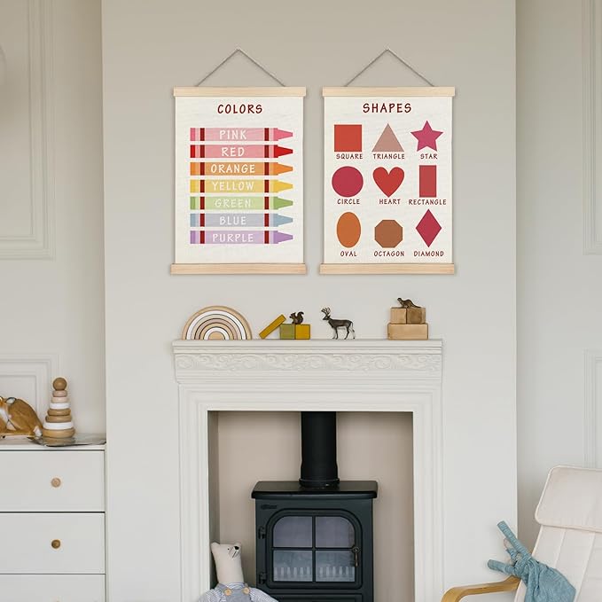 Supwhd Shapes Colors Posters for Classroom Wall, Shapes Colors Learning Poster Hanger Frame Wall Decor for Classroom Nursery Kids Room Playroom Preschool Decor, 12x16 Set of 2（Red）