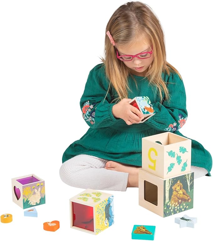 Manhattan Toy Enchanted Forest 12-Piece Wooden Stacking Counting Sorting Toy Blocks with Solid Wood Cutout Shapes