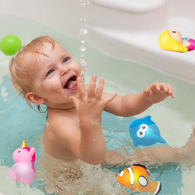 Bath Toys for Toddlers Baby 8 Pack Light Up Toys - Bathtub Toy Flashing Colourful LED Light Shower Bathtime for Kids Infants Shark, Clown Fish, Owl, Unicorn, Octopus, Dolphin, Dinosaur Mermaid