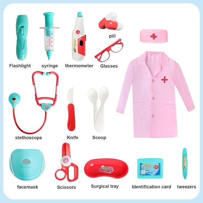 Doctor Kit for Kids 3-5, Toddler Play Set with Rolling Cart, Costume, and Stethoscope, Role Play Kids Doctors Set Educational Birthday Gift for Girls(Pink)