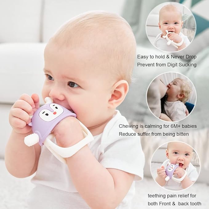 Smily Mia Never Drop Reindeer Silicone Baby Chewing Toy for 3M+ Infants, Easy to Hold Teething Miteen with Soft Textures for Sensory Exploration and Teething Pain Relief-Purple
