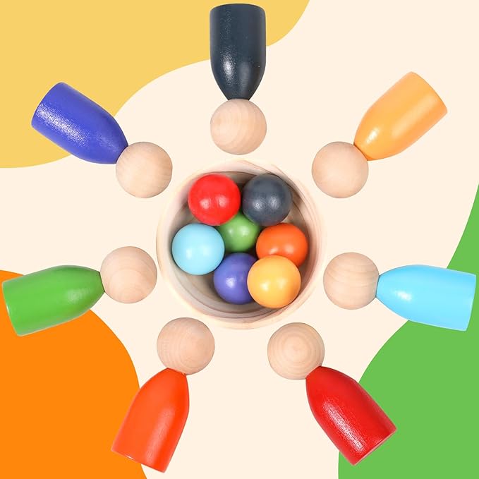 Montessori Wooden Balls in Cups, Toddler Color Sorting Toys and Matching Game, Preschool Learning Activities Educational Fine Motor Skill Toy for Kids