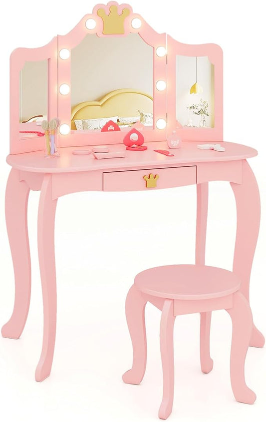 HONEY JOY Kids Vanity with Lights, Crown Girls Vanity Set with Mirror and Stool and Lights, Toddler Vanity, Wooden Makeup Table for Little Girls, Pretend Play Kids Vanity Table and Chair Set(Pink)