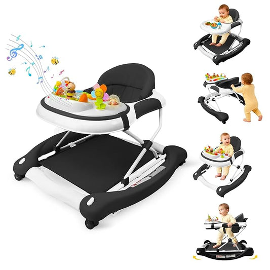5 in 1 Baby Walker, Music and Lights Walker for Baby Boy Girls 6-12 Months, Foldable Baby Walkers with Wheels and Bouncer Combo Portable, Toddler Infant Walker with Adjustable Height