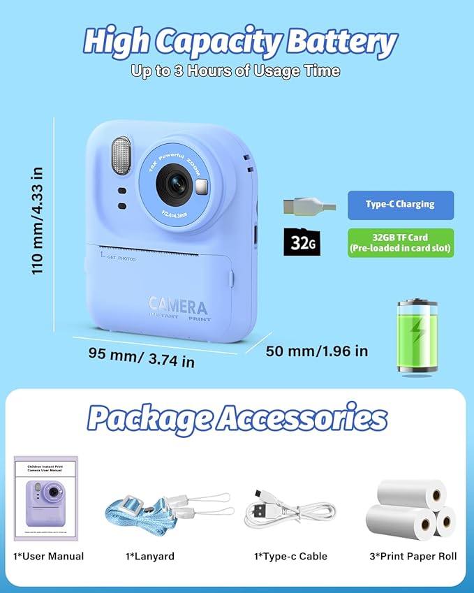Kids Camera Instant Print Photo, Portable Thermal Printing Camera Toy with HD Digital Video, for 3-12 Years Old Boys Girls, Creativity & Learning (Blue)