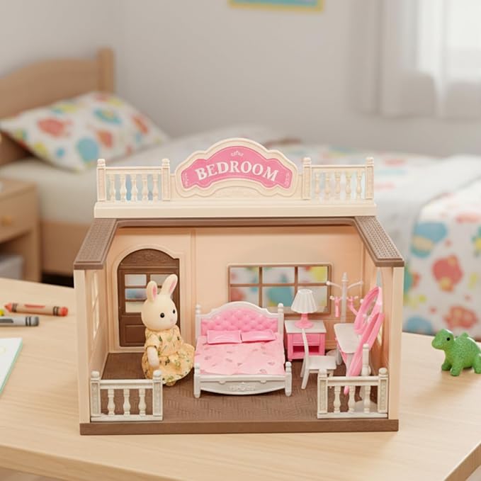 Family Bedroom Doll House — Cozy Cabin with Bunny Figure, Bed, Vanity & Accessories, Complete Modular Dollhouse Playset for Creative Pretend Play Ages 3+