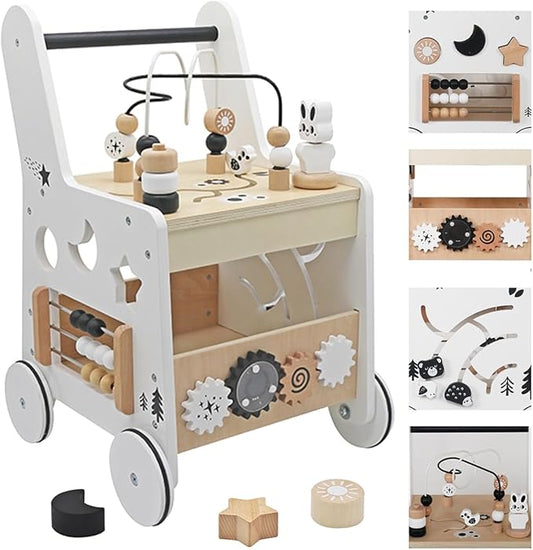 Wooden Baby Walker - 5in1 Montessori Activity Cubes, Baby Push Walker for Toddler, 1+ Year Old Boy Girl | Sorting & Stacking Toys, Bead Mazes & Counting Toys