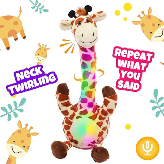 Hopearl Glowing Dancing Giraffe Toy Repeats What You Say Talking Toy Wriggle Singing Mimicking Twisting Electric Light Up Interactive Animated Speaking Gifts for Kids, Brown, 13''