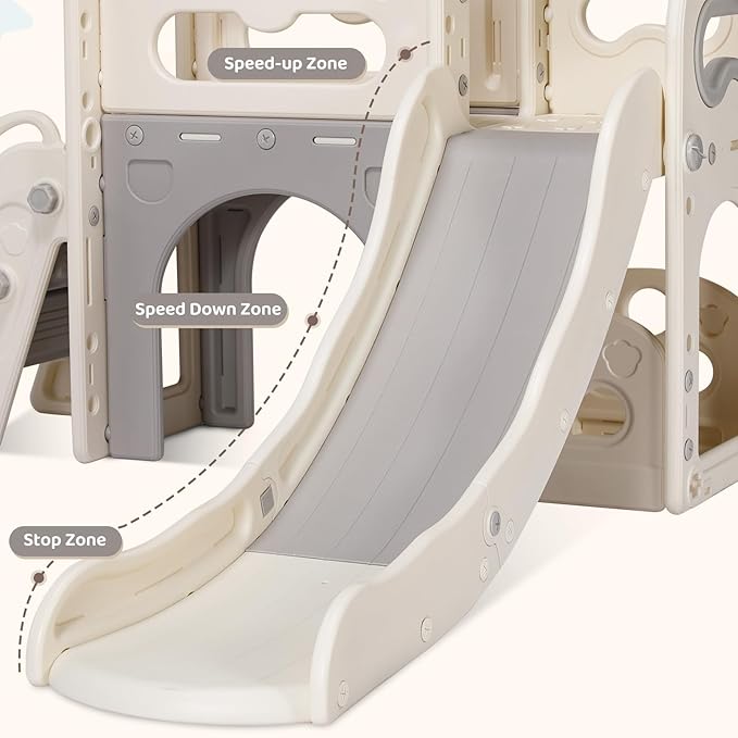 Arlopu 8 in 1 Toddler Slide Playset for Kids, Indoor Outdoor Baby Slide with Basketball Hoop, Telescope & Storage Space, Kids Playground Climber with Enclosed Steps (White Grey)