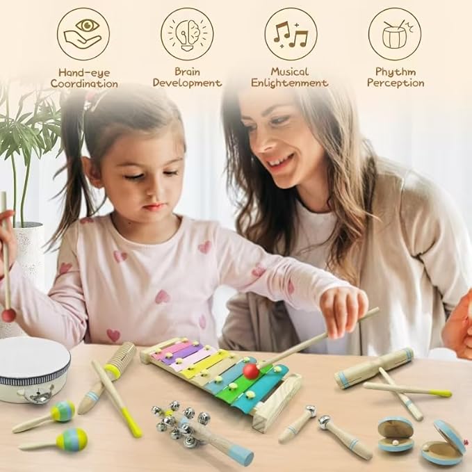 15Pcs Musical Toys for Toddlers 1-3, Baby Musical Instruments Set, Wooden Montessori Toys Percussion, Birthday Gifts for 1 2 3 Year Old Kids Boy Girls