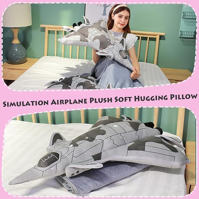 ELAINREN Simulation Airplane Model Plush Pillow with Blanket Large Stuffed Space Shuttle Toy Plushie Thunderbirds Plane Doll Cushion(75x55cm)