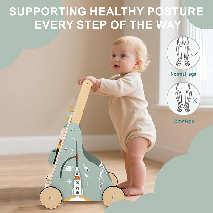 Adjustable Wooden Baby Walker – Montessori Push Toy for 1 Year Old with Rocket-Themed Activity Center, Sit-to-Stand Walker Gift for Boys and Girls