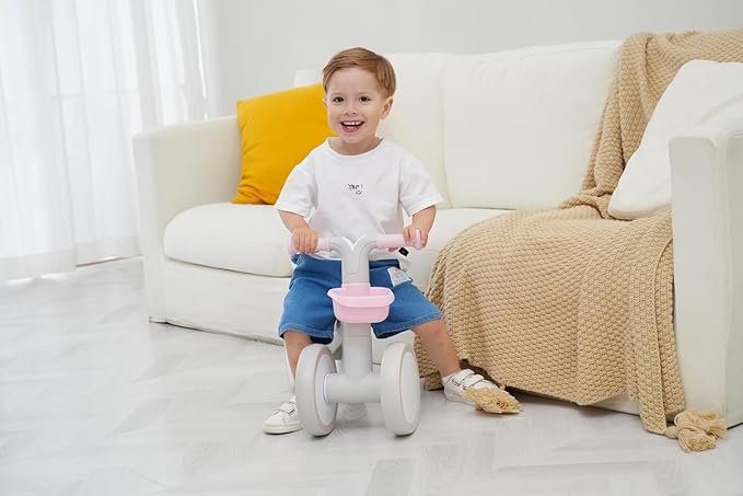 Kid's Balance Bikes for 1 Year Old Boys and Girls, 12-24 Months Toddler Ride-on with Adjustable Seat and a Front Basket, First Birthday Gifts (White)