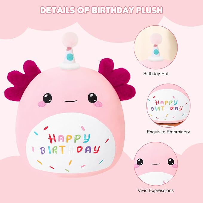 SQEQE Happy Birthday Axolotl Plush Axolotl Stuffed Animal Toy Pink Birthday Plushies Home Decor for Girls Boys Kids(14 Inch)