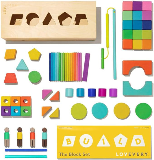 LOVEVERY | The Block Set | Solid Wood Building Blocks and Shapes + Wooden Storage Box, 70 Pieces, 18 Colors, 20+ Activities, Toddler Block Set and Converts into a Pull Car, Ages 12 to 48+ months