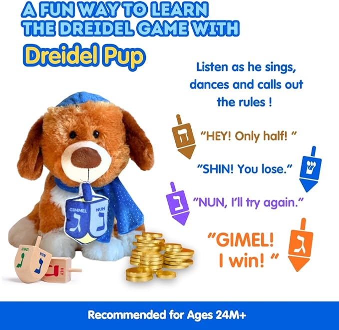 Cuddle Barn | Dreidel Pup - Funny Dancing Puppy Stuffed Animal Plush Toy for Kids | Celebrates Hanukkah in Blue Kippah or Yarmulke | Sings I Have a Little Dreidel, 9 Inches