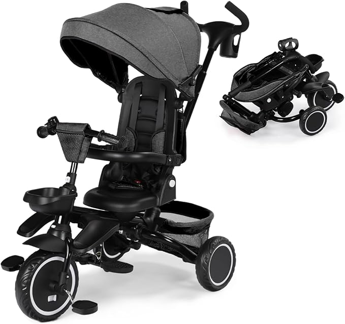 Kinder King Kids Tricycle, 8 in 1 Folding Toddler Trike w/Adjustable Push Handle, Rotatable Seat, Adjustable Canopy, Bell, Five-Point Harness, Storage, Toddler Stroller Bike for Age 6 Months+, Grey