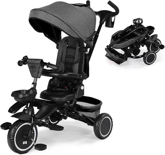 Kinder King Kids Tricycle, 8 in 1 Folding Toddler Trike w/Adjustable Push Handle, Rotatable Seat, Adjustable Canopy, Bell, Five-Point Harness, Storage, Toddler Stroller Bike for Age 6 Months+, Grey