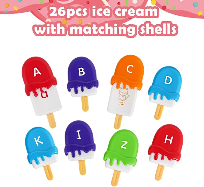Alphabet Learning Toys Matching Letter ABC Fine Motor Toy Double-Side Ice Cream Toys Preschool Learning Activities Montessori for Toddler Kids Ages 2 3 4 5
