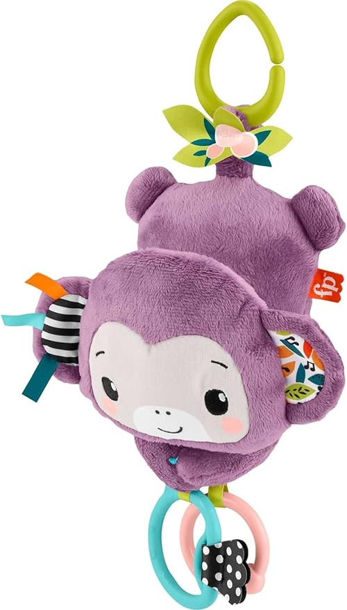 Fisher-Price Baby Stroller Toy Sing & Go Purple Monkey Musical Sensory Plush with Crinkle & Clackers for Newborns from Birth+