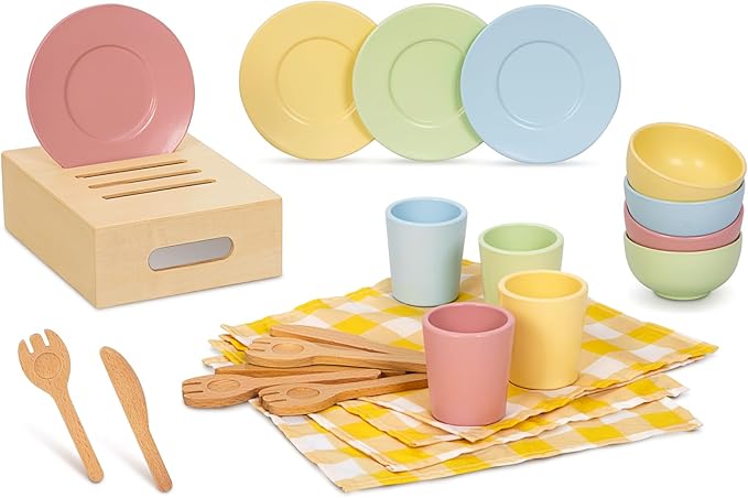 OOOK Wooden Play Dishes and Plates for Kids Kitchen Set, 25 PCS Wooden Play Kitchen Accessories, Pretend Montessori Kids Pots and Pans Playset for 3+ Toddlers