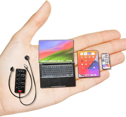 Miniature Electronics Set for Dollhouses: 1:6 Scale Metal Smartphone, Tablet, Laptop & Socket - Doll Accessory Compatible with 1:12 Scale Miniatures - 5 Color Variants (Black)