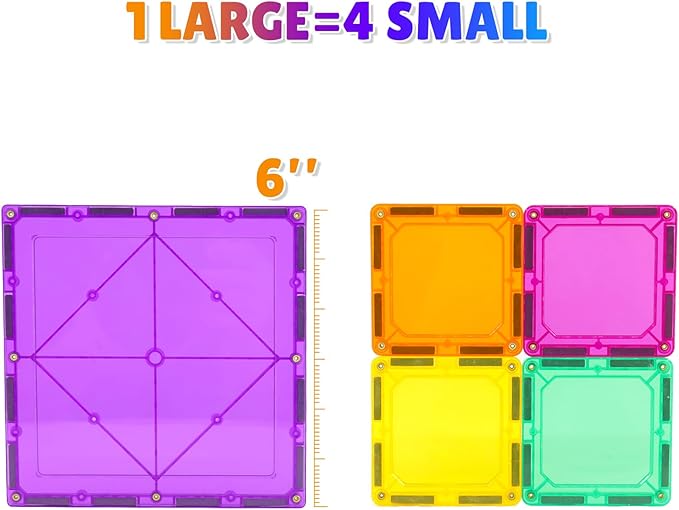 Large Magnetic Tiles Set - 6 Piece Square STEM Learning & Educational Building Kit for Kids - Perfect Construction Toy Gift