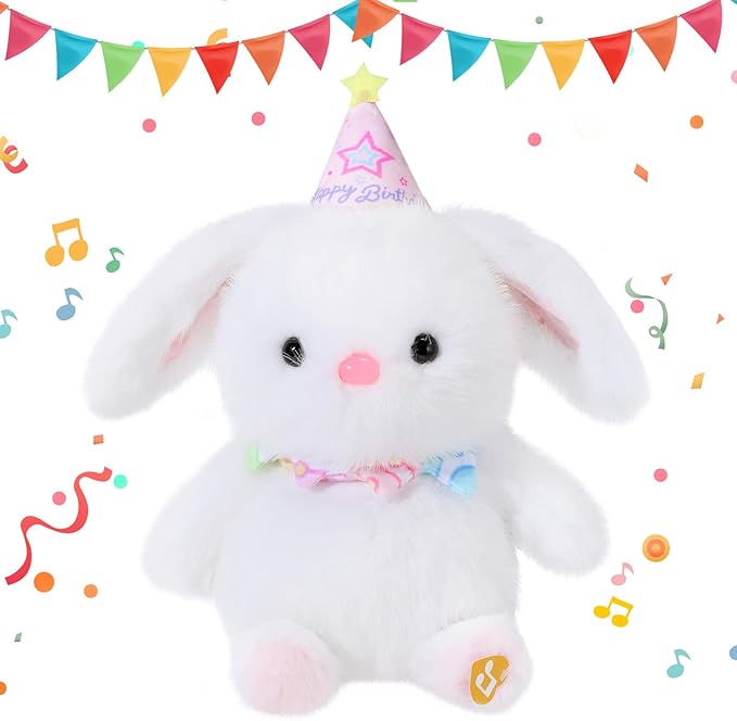Birthday Bunny Plush Toy Clap Activated with Voice Recording Singing Dancing Interactive Stuffed Animal Gift for Toddler Kids Boys Girls