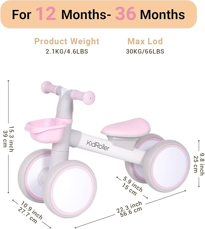 Kid's Balance Bikes for 1 Year Old Boys and Girls, 12-36 Months Toddler Ride-on with Adjustable Seat and a Front Basket, First Birthday Gifts (Pink)