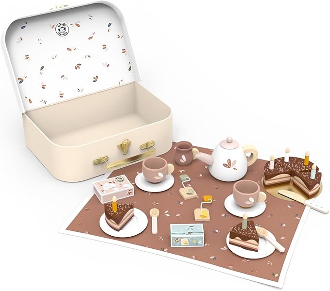 SPEEDY MONKEY Birthday Tea Set for Kids – FSC Wooden Pretend Play Tea Party & Food Set with Teapot, Cups, Cake & Tea Bag – Toddler Girls Imaginative Role Play Kitchen Toy – Colorful Gift for Dollhouse