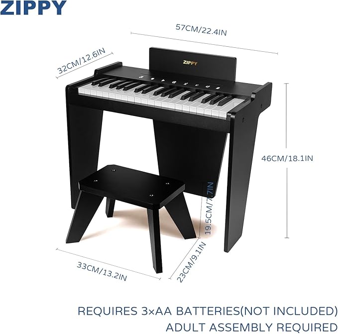 ZIPPY Kids Piano Keyboard, 37 Keys Digital Piano for Kids, Touch Sensitive Control Panel, Built-in Songs, Volume Adjustable, Music Educational Instrument, Wood Piano for 3+ Girls and Boys (Black Plus)