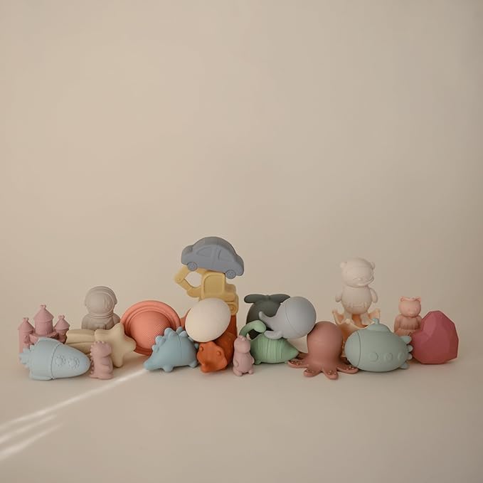 mushie Dino Bath Toys Play Set for Toddlers | 100% Food Grade Silicone | Mold Free, Pack of 5