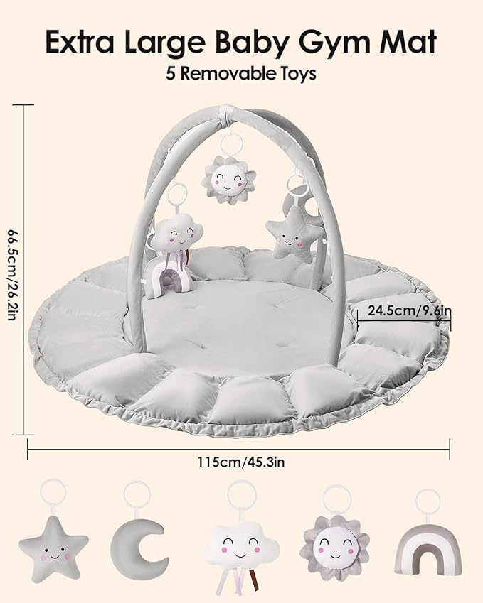 5-in-1 Convertible Baby Gym Play Mat with Hanging Toys, Soft Padded Baby Lounger & Ball Pit, Plush Tummy Time Mat for Newborns to Toddlers, Machine Washable, Gray