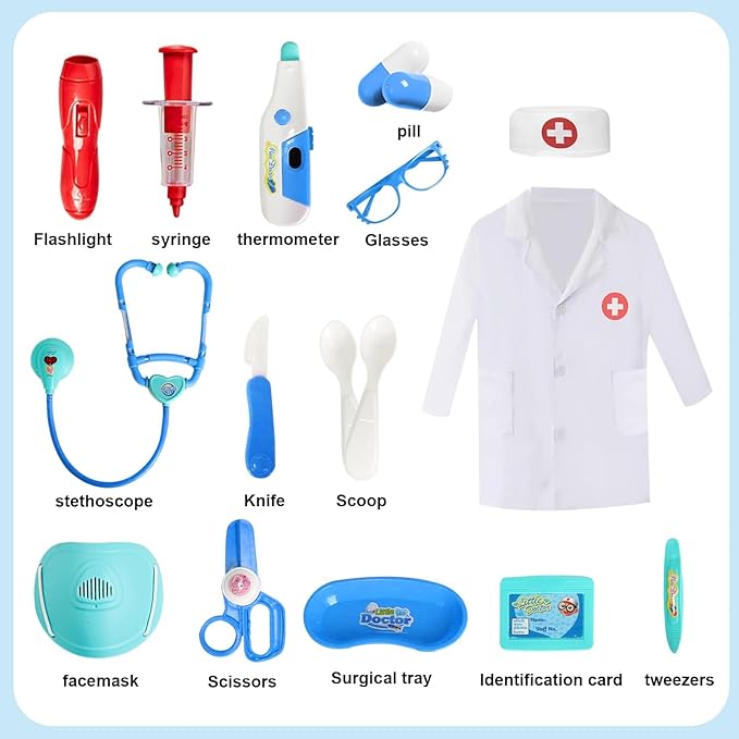 Doctor Kit for Kids 3-5, Toddler Play Set with Rolling Cart, Costume, and Stethoscope, Role Play Kids Doctors Set (Blue)