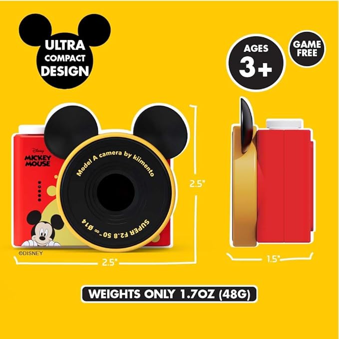 Mickey Mouse Mini Kids Toy Digital Camera & Video Camcorder for Ages 3-5, Teens and Adults, Selfie Lens, 20+ Filters, 12MP, 32GB, 1.55" Screen, Hand Made Strap - Model A by kiimento