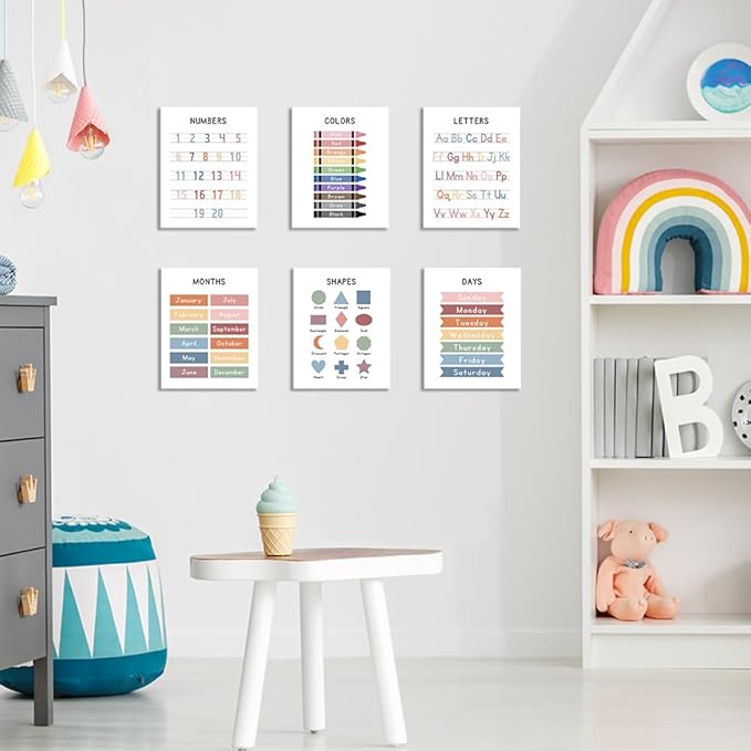 Framed Set of 6 Alphabet Poster, Abc Chart, Number Chart Educational Posters For Classroom Homeschool Preschool Supplies, for Kids Ages 3-5 Baby Girl Nursery Wall Decor (8 x10 inch Framed)